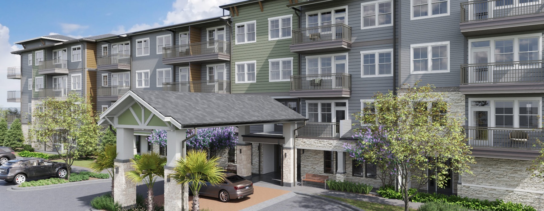 a building with cars parked in front