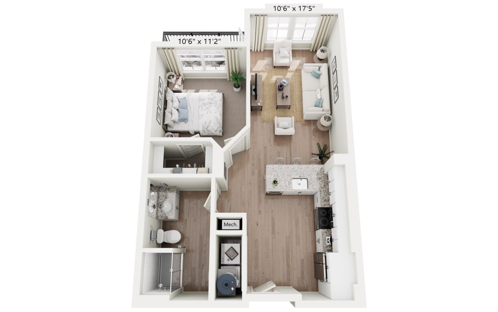 A1 - Indigo - 1 bedroom floorplan layout with 1 bathroom and 620 square feet