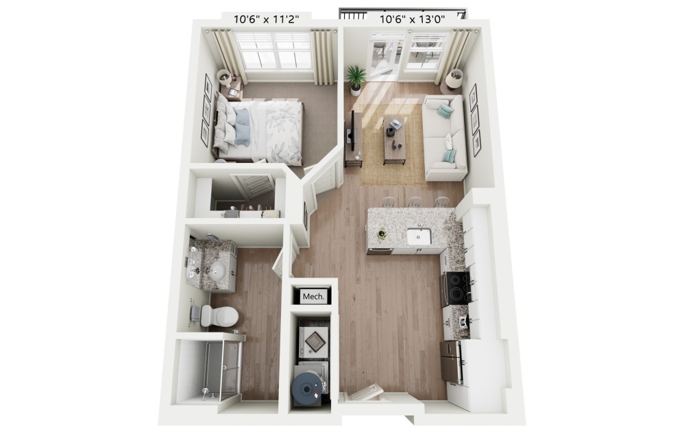 A1A - Indigo ALT - 1 bedroom floorplan layout with 1 bathroom and 668 square feet