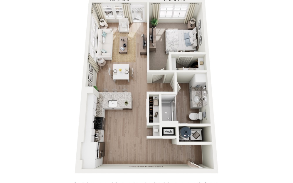 A1B - Aqua - 1 bedroom floorplan layout with 1 bathroom and 754 square feet