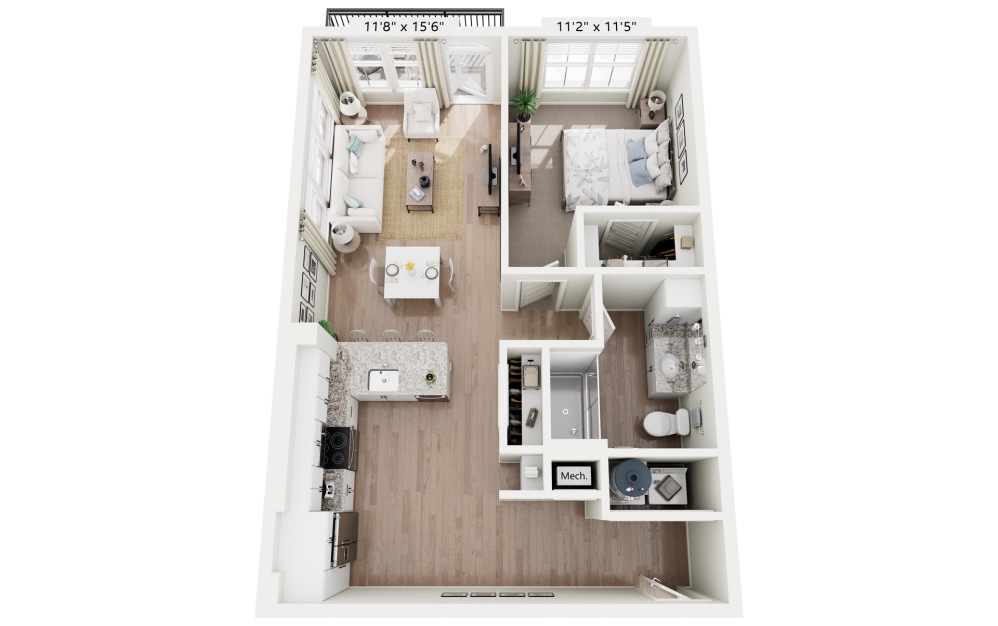 A1B - Aqua - 1 bedroom floorplan layout with 1 bathroom and 754 square feet