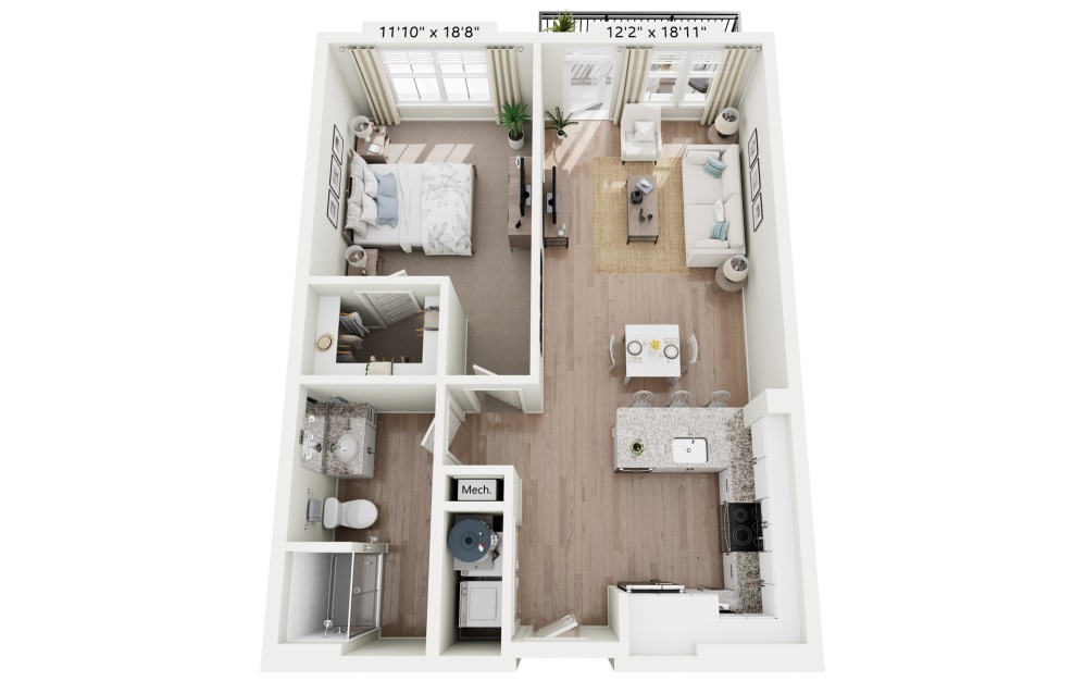 A2 - Navy - 1 bedroom floorplan layout with 1 bathroom and 730 square feet