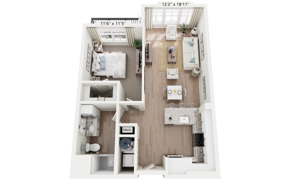 A2B - Cerulean - 1 bedroom floorplan layout with 1 bathroom and 687 square feet