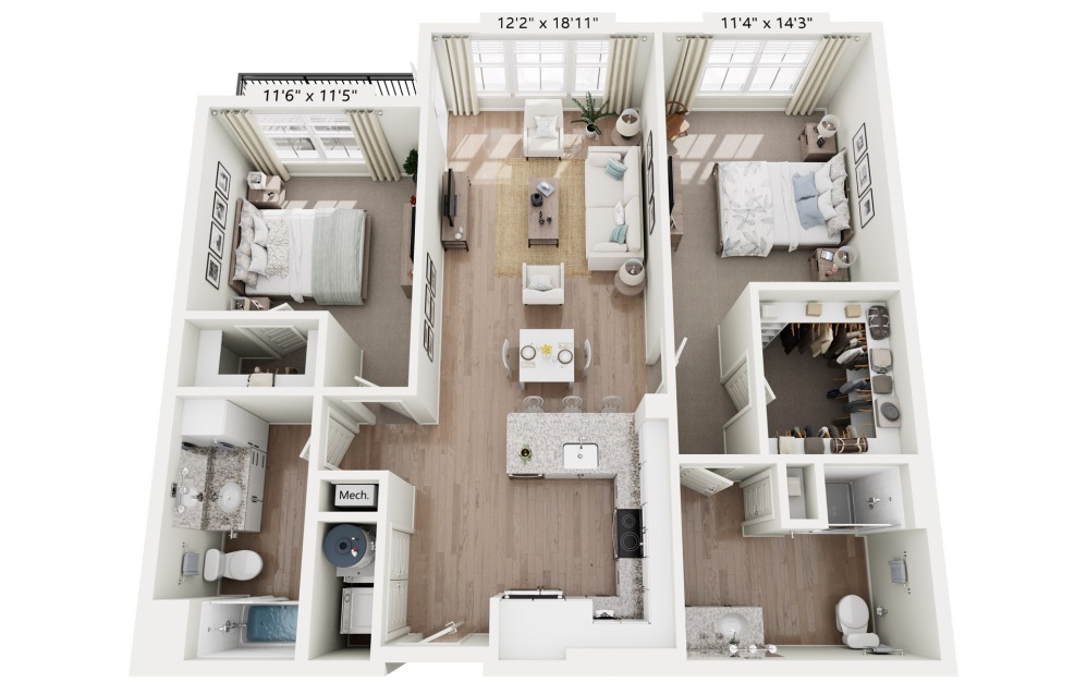 B1 - Lagoon - 2 bedroom floorplan layout with 2 bathrooms and 1066 square feet