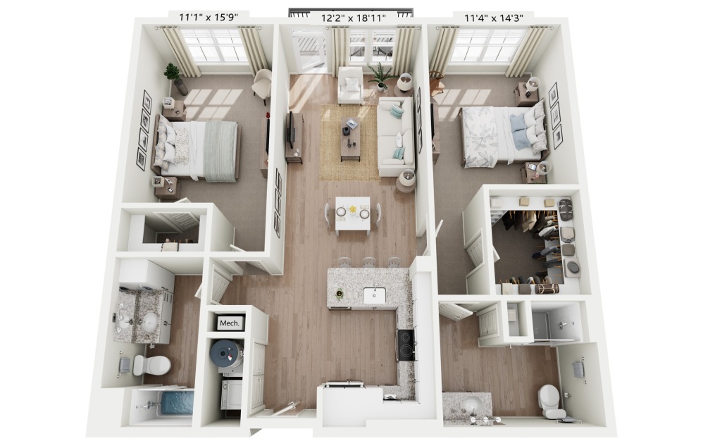 B1A - Lagoon ALT - 2 bedroom floorplan layout with 2 bathrooms and 1114 square feet
