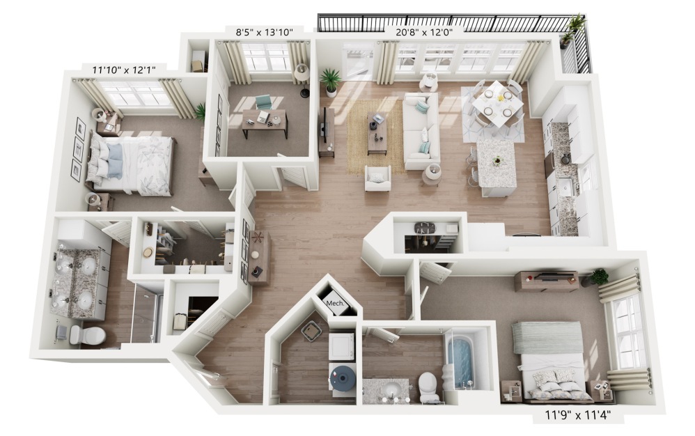 B2 - Carolina - 2 bedroom floorplan layout with 2 bathrooms and 1291 square feet