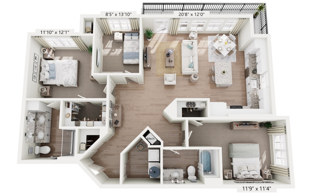 B2 - Carolina - 3 bedroom floorplan layout with 2 bathrooms and 1291 square feet