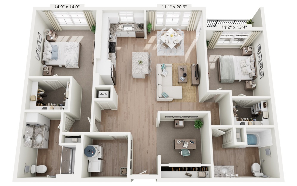 B4 - Sapphire - 2 bedroom floorplan layout with 2 bathrooms and 1341 square feet