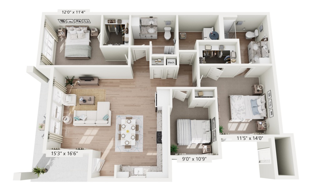 C3 - Midnight Cottage - 3 bedroom floorplan layout with 2 bathrooms and 1304 square feet
