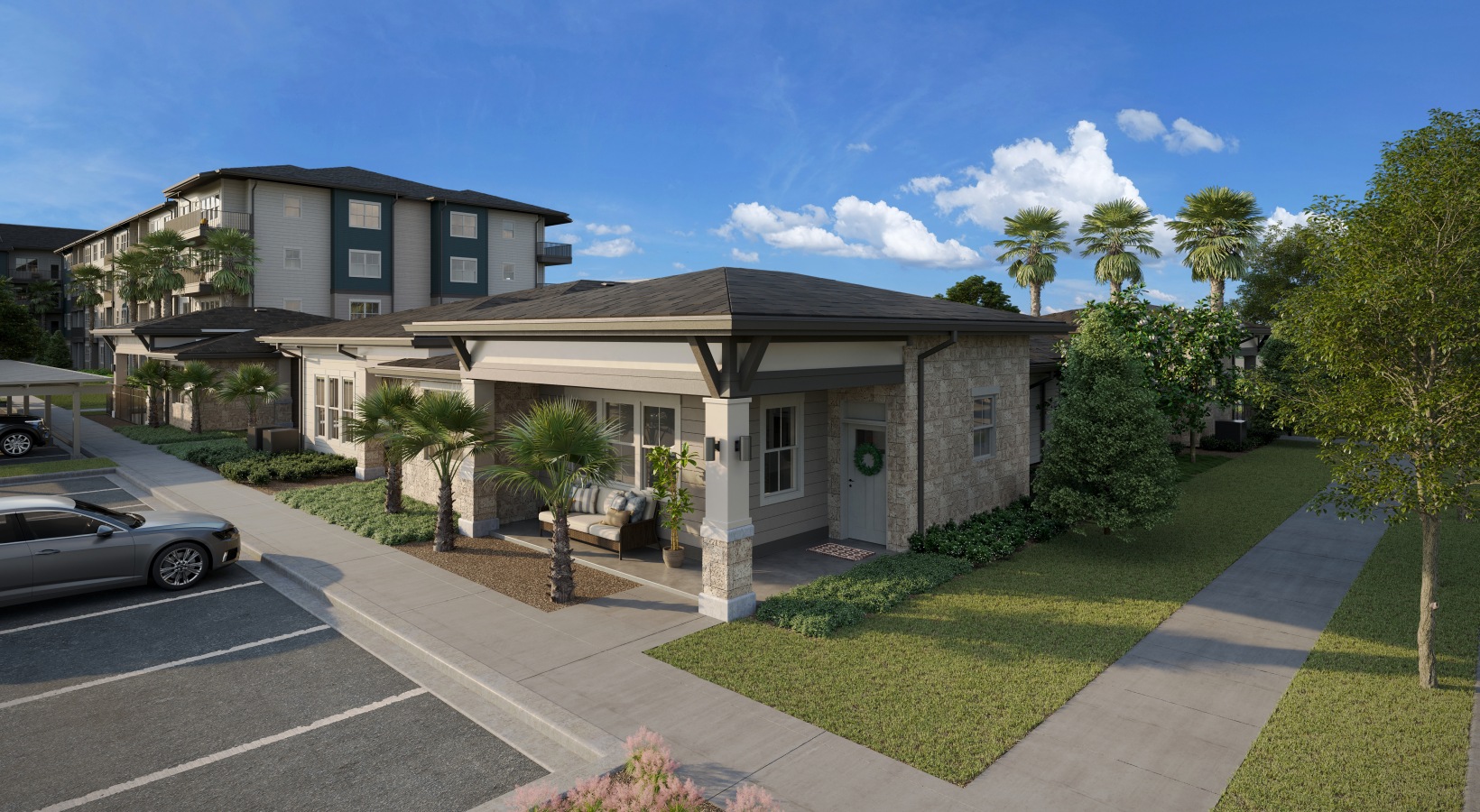 a building with a parking lot