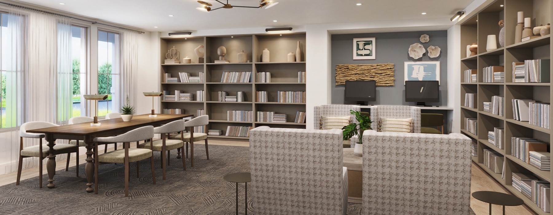 a room with a table, chairs and a bookcase