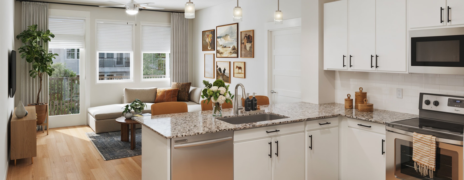 a kitchen with white cabinets